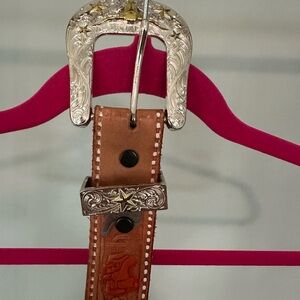 Brown Western Leather Belt with Silver Buckle